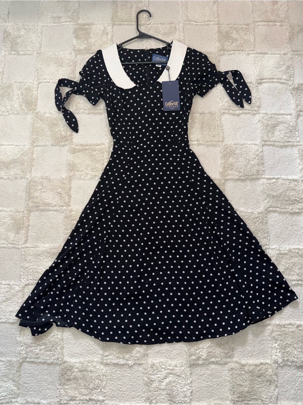 Collectif Black Polka Dot Midi Dress with White Peter Pan Collar Swing Dress